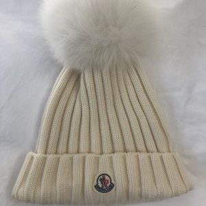 Womens Moncler Genuine Fox Fur Pom Wool Beanie